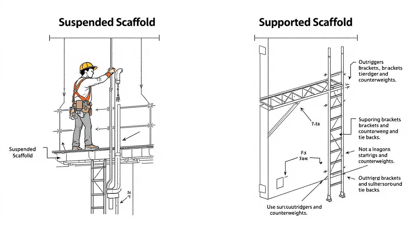 A construction worker using a suspended scaffold for maintenance work.