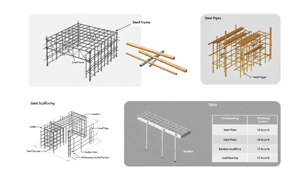 A variety of scaffolding types including steel scaffolding and bamboo scaffolding.