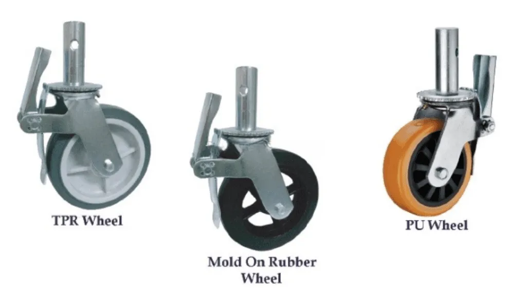 Top-Quality Scaffolding Wheels for Optimal Stability and Mobility 2 Different types of scaffolding casters displayed side by side.
