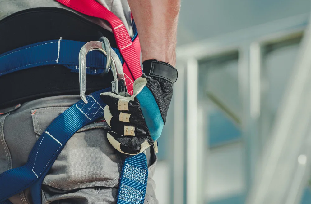 Close-up of key features on a full body harness.